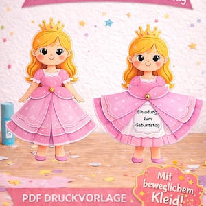 May include: Two princess-themed birthday party invitations. Each princess has blonde hair, a gold crown, and a pink dress. The invitations include the text "Invitation to a Birthday Party" and "PDF Template - Instant Download."