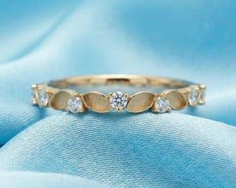 Nature Inspired Leaf Ring, Marquise Diamond Band, Dainty Stacking Ring, Solid Gold Promise