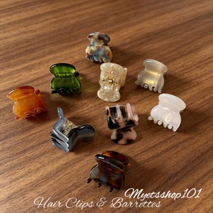 Könnte beinhalten: Eine Sammlung kleiner, farbenfroher Haarspangen und Haarklammern in verschiedenen Formen und Mustern. Die Spangen sind in den Farbtönen Bernstein, Grün, Schildpatt und Creme gehalten. Der Text "Hair Clips & Barrettes" und "Myetsshop101" sind sichtbar.