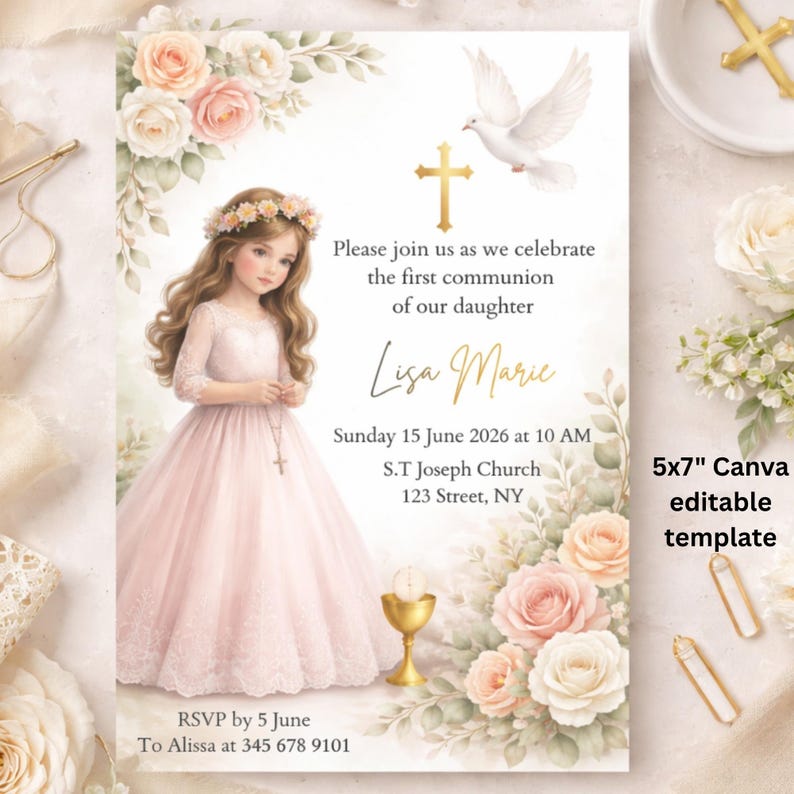 Editable Girl First Holy Communion Invitation, Pink Floral Boho Invite ...