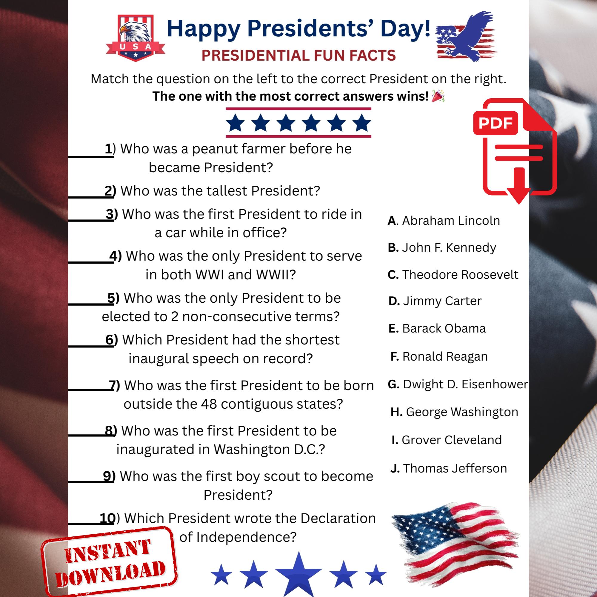 Presidents Day Trivia Game | US Presidents Fun Facts (PDF) - Etsy