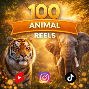Könnte beinhalten: Digitales Bild mit einem Tiger und einem Elefanten sowie dem Text "100 ANIMAL REELS" in Gold. Social-Media-Symbole für YouTube, Instagram und TikTok befinden sich unten. Der Hintergrund ist ein goldener, sonnenbeschienener Wald.