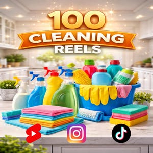 May include: An image advertising cleaning reels, showcasing cleaning products such as spray bottles, sponges, and colourful microfiber cloths. The text "100 CLEANING REELS" is displayed. Social media icons for YouTube, Instagram, and TikTok are also visible.