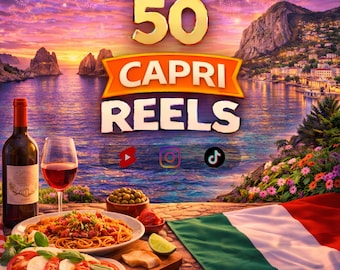 May include: A vibrant image featuring a scenic coastal view with the text "50 Capri Reels." A bottle of red wine and a glass are next to a plate of pasta and a Caprese salad. The Italian flag is displayed.