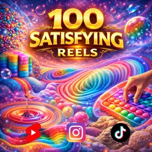 May include: A vibrant digital illustration with the text "100 Satisfying Reels" in gold. The image features a colorful, swirling landscape with a hand interacting with a rainbow-colored pop-it toy. Social media icons are also present.