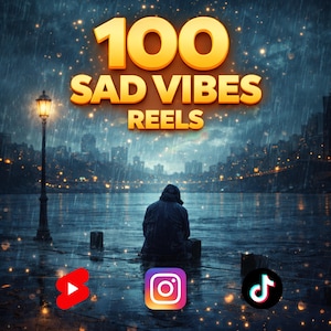 Puede incluir: Arte digital con el texto "100 SAD VIBES REELS" en oro sobre un fondo de paisaje urbano lluvioso. Una persona con abrigo oscuro está sentada sola. Iconos de redes sociales de YouTube, Instagram y TikTok en la parte inferior.