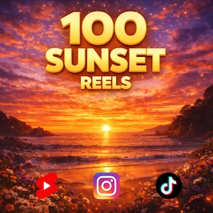 Solnedgångsvideopaket 100 klipp, estetiskt solnedgångsmaterial, gyllene timmens himmel, naturbakgrundsvideor, 4K-stockvideo, digital nedladdning