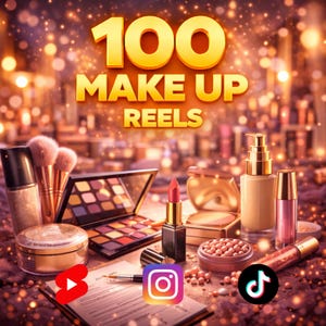 Könnte beinhalten: Eine Ansammlung von Make-up-Produkten, darunter Pinsel, Lidschattenpaletten, Lippenstifte und Foundation-Fläschchen, ist zu sehen. Der Text "100 MAKE UP REELS" ist in Gold dargestellt. Social-Media-Symbole für YouTube, Instagram und TikTok sind ebenfalls sichtbar.