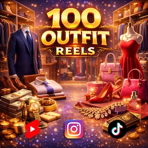 Pode incluir: Ilustração digital de um guarda-roupa luxuoso com o texto "100 Outfit Reels". A imagem apresenta um fato, um vestido, acessórios e ícones de mídia social, sugerindo conteúdo de moda.