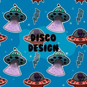 May include: A repeating pattern on a blue background featuring cartoon UFOs in teal, red, and gray, with purple light beams and stars. The text "DISCO DESIGN" is in black and gold.