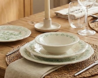Vintage Porcelain Dinnerware Set – Green Floral China, Microwave & Dishwasher Safe