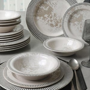 Modern Porcelain Dinnerware Set Gray Stripe Marble Plates Bowls Minimalist Tableware Kitchen