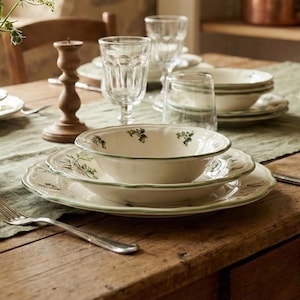 Op de afbeelding: Een rustieke eettafel gedekt voor een maaltijd. De tafel is gedekt met witte borden en kommen met een groen bloemmotief, heldere glazen en een groene loper. Een vaas met bloemen en een houten kandelaar completeren de setting.