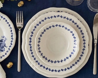 Vintage Porcelain Dinnerware Set – Dark Blue Floral China, Microwave & Dishwasher Safe