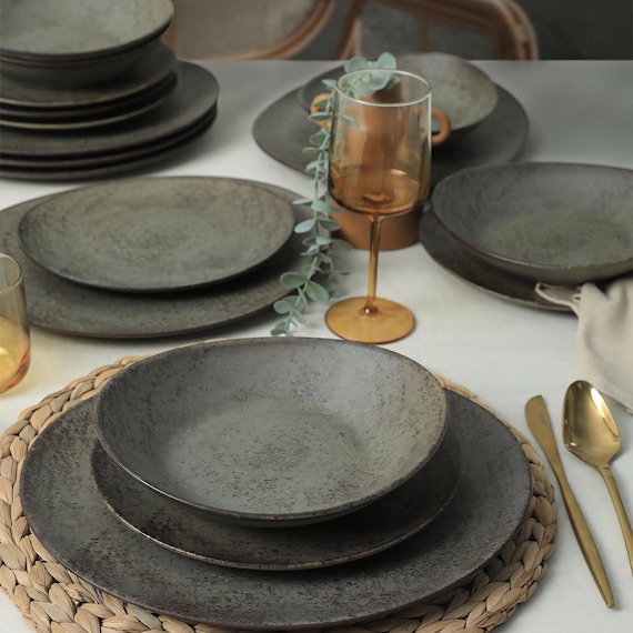 Rustic Grey Porcelain Dinnerware Handmade Stoneware Style Tableware Service 1-12 Person Adjustable Luxury