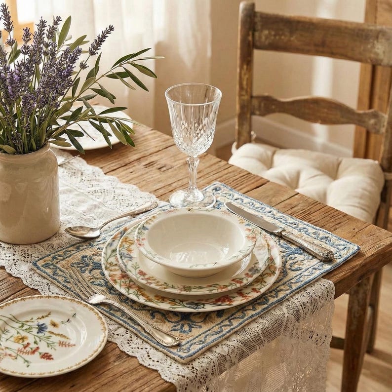 May include: A rustic dining table set for a meal. The table is set with floral patterned plates, a bowl, a wine glass, and silverware. A vase of lavender and a lace runner add to the aesthetic. The table is made of wood.