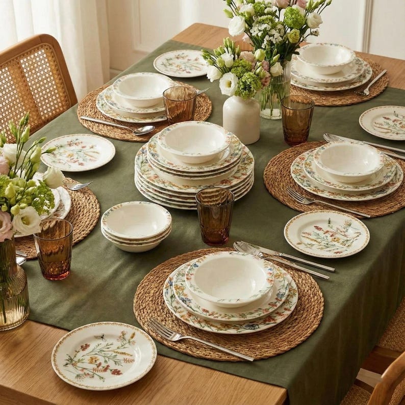 May include: A beautifully set table with floral patterned dinnerware, including plates, bowls, and cups. The table is adorned with woven placemats, silverware, and fresh flower arrangements, creating an elegant dining scene.