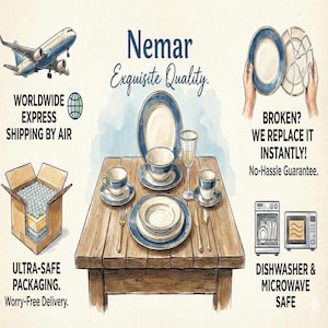 May include: Illustration of a dinnerware set with blue and white accents, including plates, cups, and saucers, arranged on a wooden table. The image also shows a plane, a box, and text that reads "Nemar Exquisite Quality."
