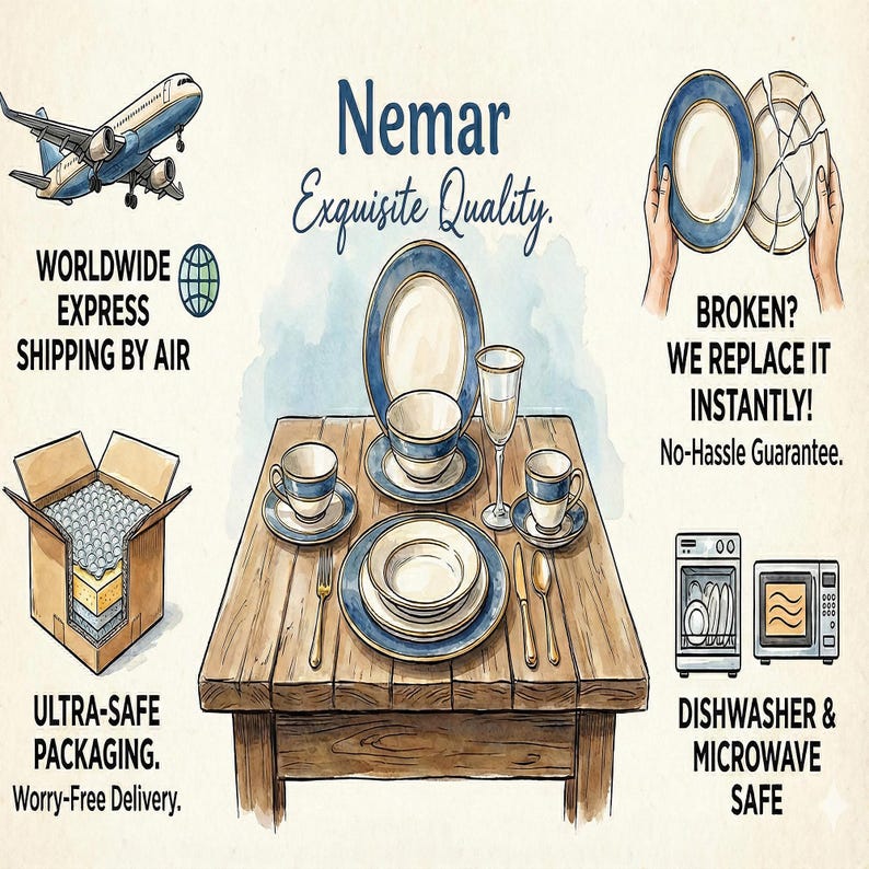 May include: Illustration of a dinnerware set with blue and white accents, including plates, cups, and saucers, arranged on a wooden table. The image also shows a plane, a box, and text that reads "Nemar Exquisite Quality."