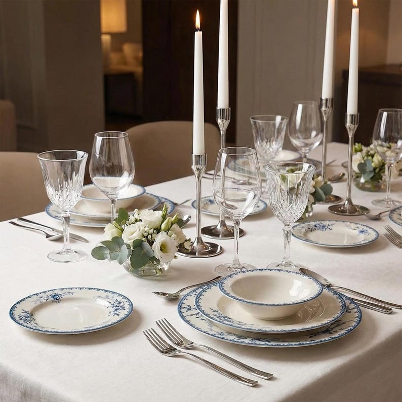 May include: Elegant table setting with white tablecloth, featuring floral-patterned plates, crystal glassware, and lit candles in silver holders. A small floral arrangement adds a touch of freshness. Ideal for a formal dinner or special occasion.