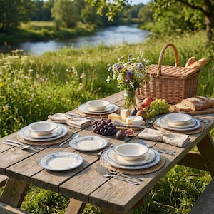 May include: A picnic table set for a meal outdoors, featuring floral patterned plates, bowls, and woven placemats. A wicker basket, bread, cheese, grapes, and figs are also on the table. The background shows a river and lush greenery.