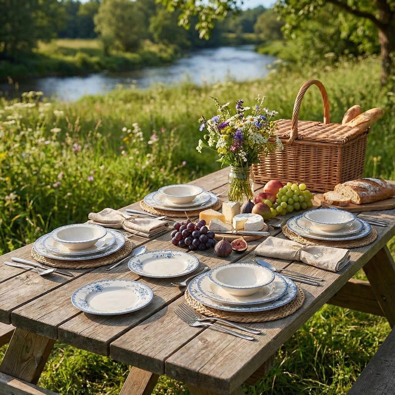 May include: A picnic table set for a meal outdoors, featuring floral patterned plates, bowls, and woven placemats. A wicker basket, bread, cheese, grapes, and figs are also on the table. The background shows a river and lush greenery.