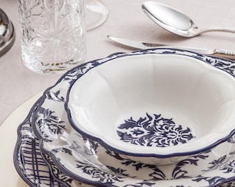 Vintage Porcelain Dinnerware Set Blue Floral Toile Plates Bowls French Country Tableware