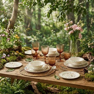 May include: A rustic wooden table set for a meal outdoors, featuring white ceramic bowls and plates with floral designs, amber-colored glassware, and a vase of pink flowers. The table is set on a woven placemat.