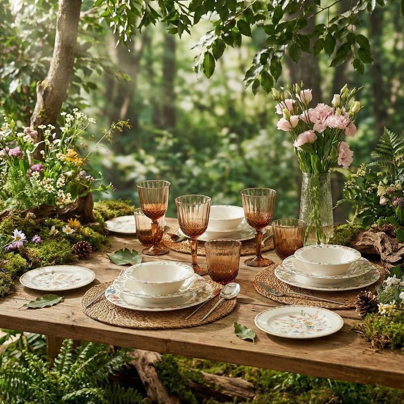 May include: A rustic wooden table set for a meal outdoors, featuring white ceramic bowls and plates with floral designs, amber-colored glassware, and a vase of pink flowers. The table is set on a woven placemat.