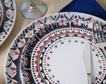 Boho Tribal Porcelain Dinnerware Set, Geometric Tableware, Custom Place Settings, Dishwasher Safe