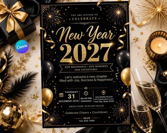 Einladung zum neuen Jahr 2027, Einladung zur Silvesterparty in Schwarz und Gold, elegante Silvestereinladung, Feier am 31. Dezember, digitale Einladung.