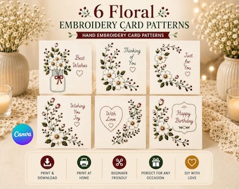 6 florale Handstickerei-Kartenmuster, druckbare PDF-Datei, DIY-Grußkarten, Blumenstickmuster, Geburtstags- und Liebeskarten, handgemachte Karten.