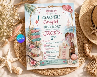 Einladungsvorlage für eine Geburtstagseinladung im Küsten-Cowgirl-Stil, Einladung zur Strand-Cowgirl-Party, rosa Western-Geburtstagseinladung, bearbeitbare Canva-Datei, druckbare Einladung.
