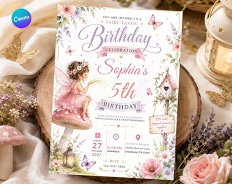 Einladung zum Geburtstag einer rosa Fee, Einladung zur Feengeburtstagsfeier, Geburtstag im Zaubergarten-Stil, Geburtstag eines magischen Mädchens, druckbare digitale Einladung.
