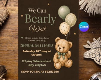 Bearly Wait Baby Shower Invitation Template, Teddy Bear Baby Shower Invite, Editable Baby Shower Invitation, Brown Baby Shower Invite.