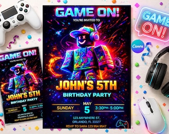 Gaming Birthday Invitation | Gaming Party Invite | Editable Digital Invite | Neon Gamer Birthday Template | Boy 5th Birthday Invitation.