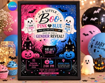 Einladung zur Geschlechtsenthüllung an Halloween, Einladung in Rosa oder Blau (Boo-Design), Gruselige Babyparty, Bearbeitbare Vorlage, Einladung mit Geisterkürbis.