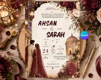 Vorlage für eine muslimische Hochzeitseinladung, islamische Nikah-Einladung, bearbeitbare Hochzeitseinladung, burgunderrote Blumeneinladung, digitale Canva-Einladung.