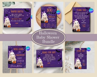 Halloween Baby Shower Bundle Template | A Little Boo Is Almost Due | Welcome Sign | Diaper Raffle | Books for Baby |Editable Invitation.