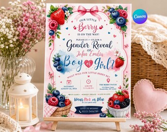 Einladungsvorlage zur Geschlechtsenthüllung mit Beerenmotiv, Einladung für Jungen oder Mädchen, süße Babyparty mit Beerenmotiv, rosa-blaue Enthüllungsparty, bearbeitbare Canva-Vorlage, druckbare Einladung