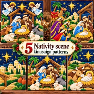 May include: Five square panels featuring colorful kinusaiga-style nativity scenes with figures of Mary, Joseph, the infant Jesus, animals, and angels. A central label displays the text 5 Nativity scene kinusaiga patterns with red berries.