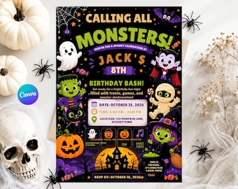 Halloween-Geburtstagseinladung, Einladung zur Monster-Geburtstagsparty, Gruselige Kindergeburtstagseinladung, Bearbeitbare Halloween-Einladungsvorlage, Druckbare Karte