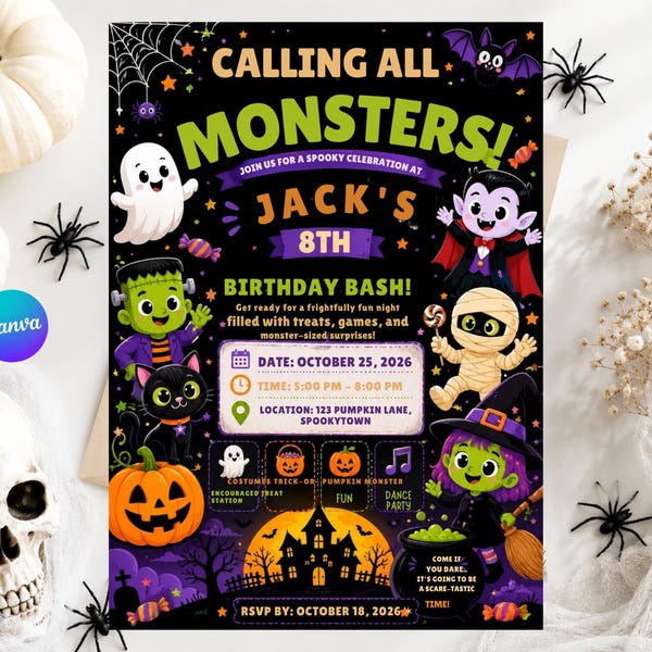 Halloween Birthday Invitation, Monster Birthday Party Invite, Spooky Kids Birthday Invite, Editable Halloween Invite Template,Printable card
