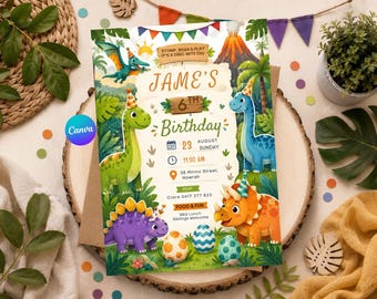 Einladung zum Dinosaurier-Geburtstag mit Aquarellmotiven, Vorlage für eine Dinosaurier-Partyeinladung, bearbeitbare Dino-Geburtstagseinladung, 6. Geburtstag, druckbare Einladung.