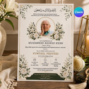 May include: A funeral prayer invitation card featuring a circular portrait of an elderly man, surrounded by white floral illustrations and green leaves. The text includes the name Muhammad Arshad Khan, dates, and details for funeral prayers.