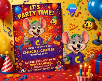 Chuck E Cheese Birthday Invitation Template, Kids Birthday Party Invite, Editable Birthday Invitation, Digital Download, Pizza party invite.