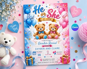 Vorlage für eine Einladung zur Geschlechtsenthüllung (Junge oder Mädchen), Einladung zur Geschlechtsenthüllung mit Teddybär, Einladung zur Babyparty in Rosa und Blau, bearbeitbare Canva-Vorlage.