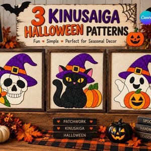 May include: Three square framed Kinusaiga Halloween art pieces featuring a skull, a black cat, and a ghost, all wearing purple witch hats. A large sign above reads 3 KINUSAIGA HALLOWEEN PATTERNS. Decorative pumpkins, a lantern, and books are present.