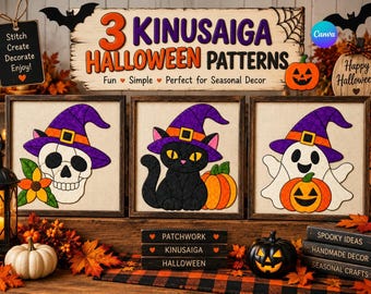 3 Halloween Kinusaiga Patterns Bundle, No Sew Fabric Art Patterns, Halloween Patchwork Patterns, DIY Fabric Craft, Skull Cat Ghost Patterns.