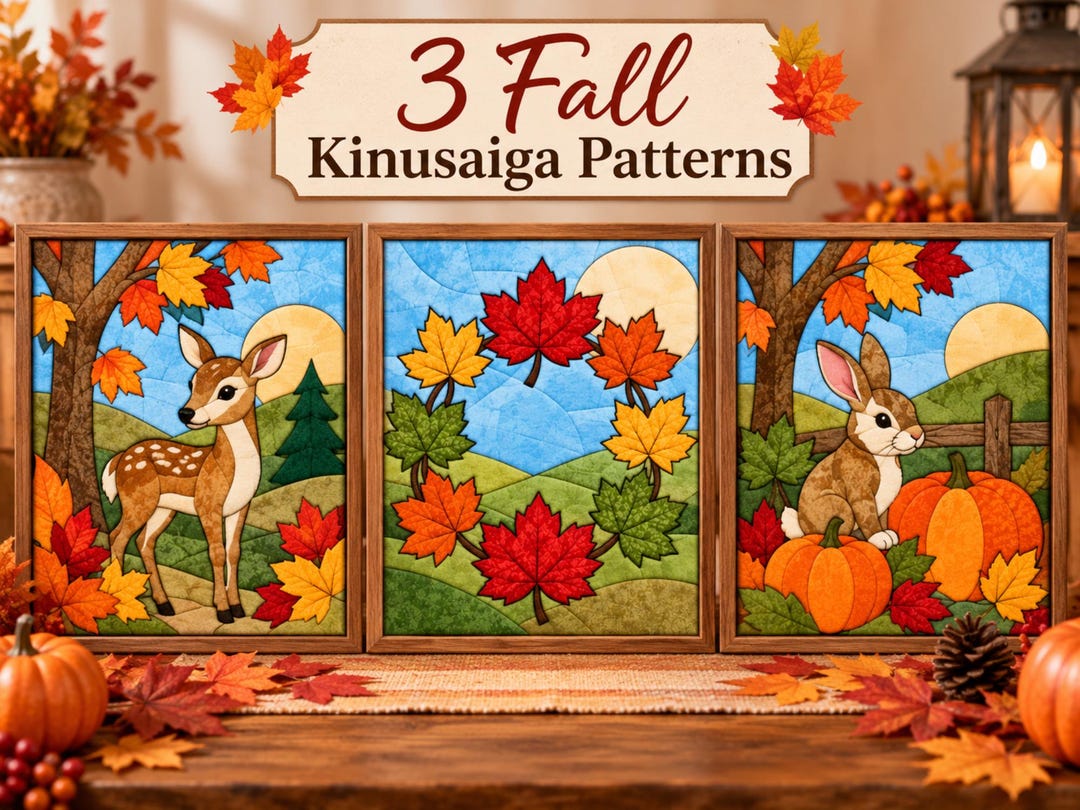 3 Fall Kinusaiga Patterns | Autumn Fabric Art Templates | Deer Rabbit ...